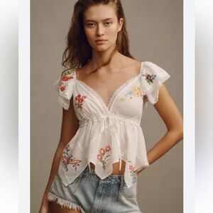 Anthropologie White Floral Embroidered Cross-stitch Blouse